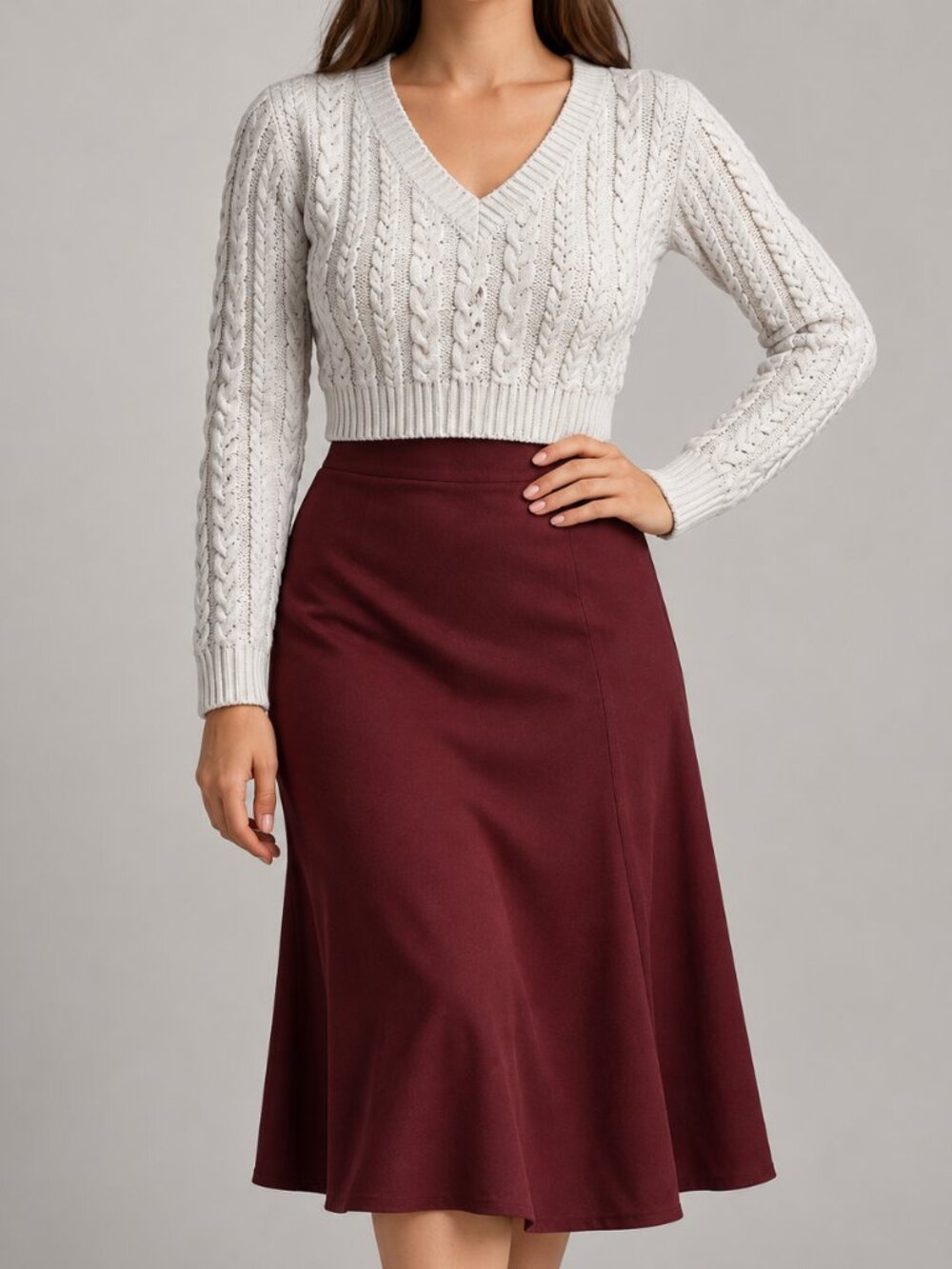 Ivory Cable Knit Cropped V Neck Sweater